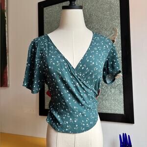 Brandy Melville Floral Wrap Top | Green Tie-Back Blouse | One Size
